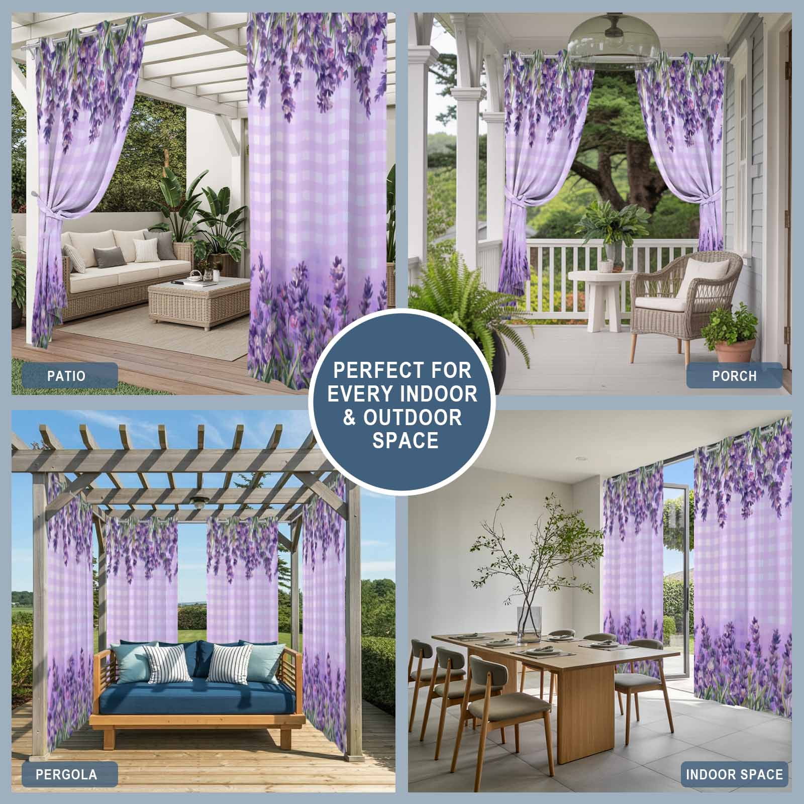 Outdoor Curtains for Patio Waterproof, Purple Lavender Outdoor Privacy Panels Grommet, Spring Watercolor Wildflowers Plant Plaid Blackout Outside Curtains for Porch/Cabana 54"x84", 2 Panels