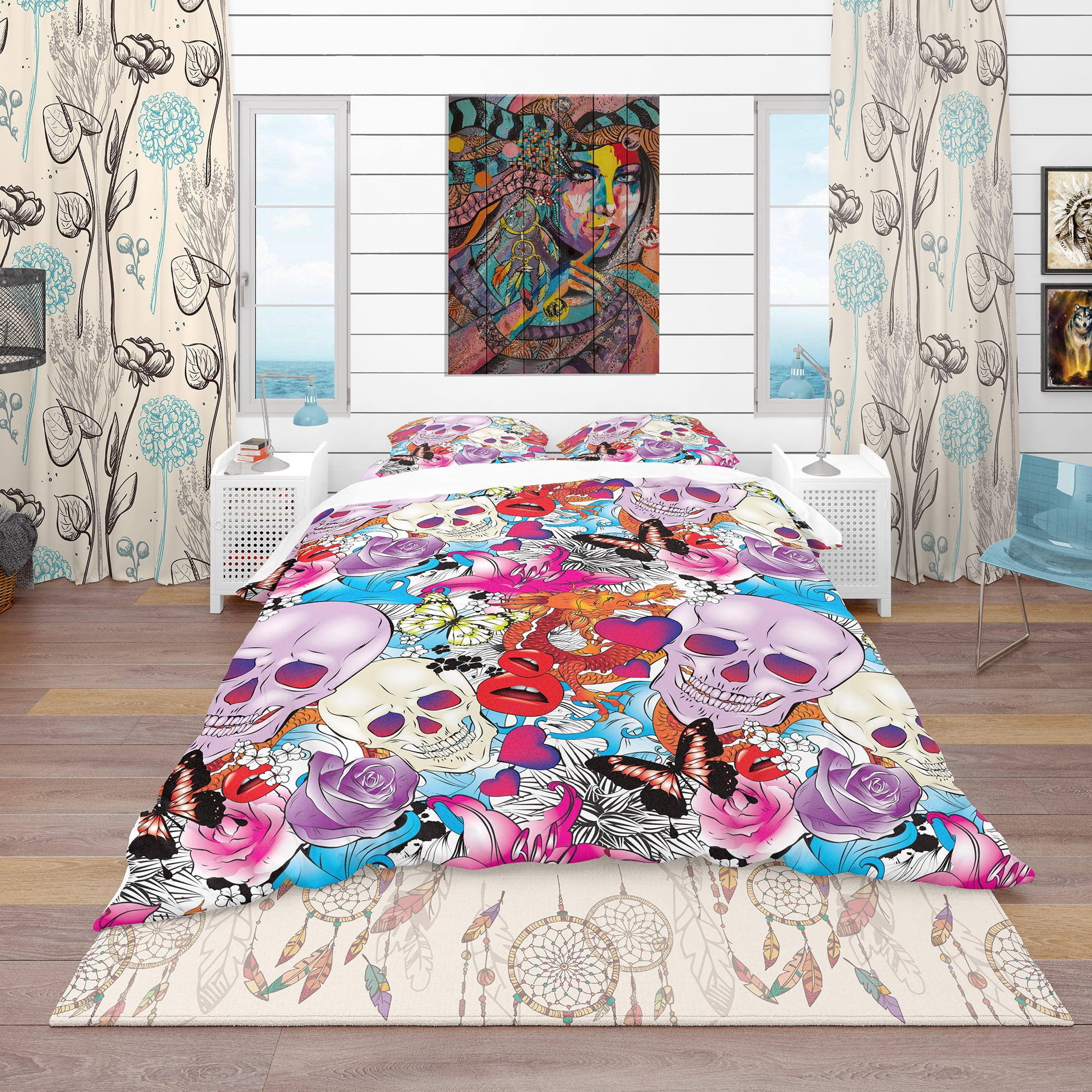 Designart 'Pattern with Hearts, Skulls & Flowers' Bohemian & Eclectic Duvet Cover Set