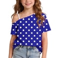 thumbnail image 2 of Fengqque Girl's off the Shoulder Tops Short Sleeve Loose Summer T Shirt Tops Polka Dot Print Cold Shoulder Tops Dark Blue-A 11-12 Years, 2 of 9
