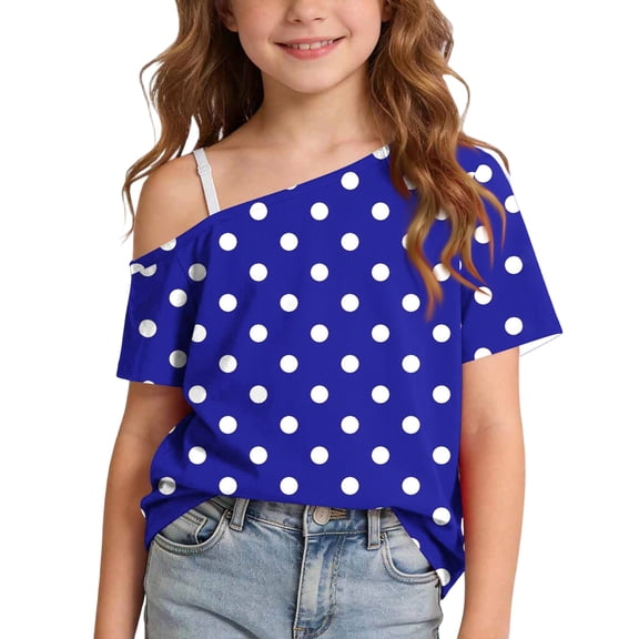 Scyoekwg Girls Short Sleeve Tops Polka Dots Cold Shoulder Tops Casual Comfy Loose Fit Cute Shirts for Kids (Dark Blue,13 Years)
