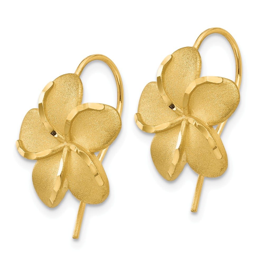 Real 14kt Yellow Gold Plumeria French Wire Earrings; for Adults and Teens; for Women and Men