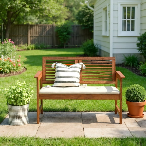 Resenkos 2-Person Solid Wood Patio Bench with Backrest and Cushion, Garden Furniture, Easy Assembly, Suitable for Patio and Garden