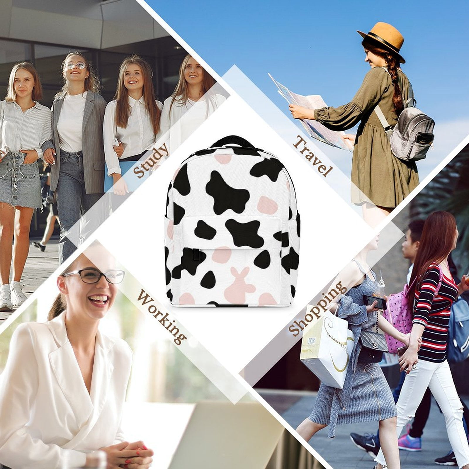 8.1×10in Casual Women'S Backpack With Anti-Contraction And Stretch For Sports Activities Travel Picnics Simple Cow Print Pattern White Background, Pink And White_3