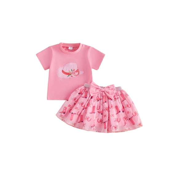 BemeyourBBs Western Baby Girl Summer Clothes Toddler Baby Girl Cowgirl Outfit Cowgirl Hat Embroidery Short Sleeve T-Shirt Floral Boot Tutu Skirt Set