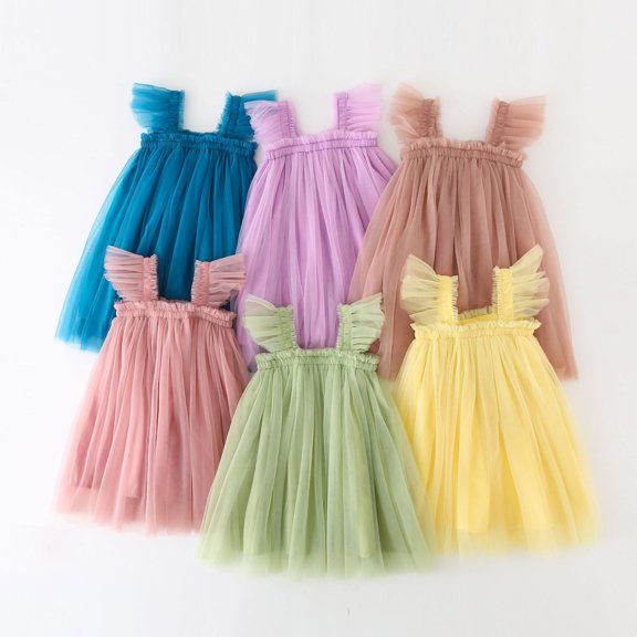 Trendfront Girls Mesh Tulle Dress for Girls Square Neck Flutter Sleeve Sleeveless Solid Color Fluffy Tutu Princess Wedding Party Gown