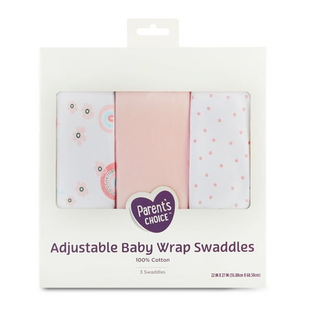 Parent's Choice 100% Cotton 3-Pack Adjustable Baby Wrap Swaddles for Girls, Rainbow Print, 22" x 27"