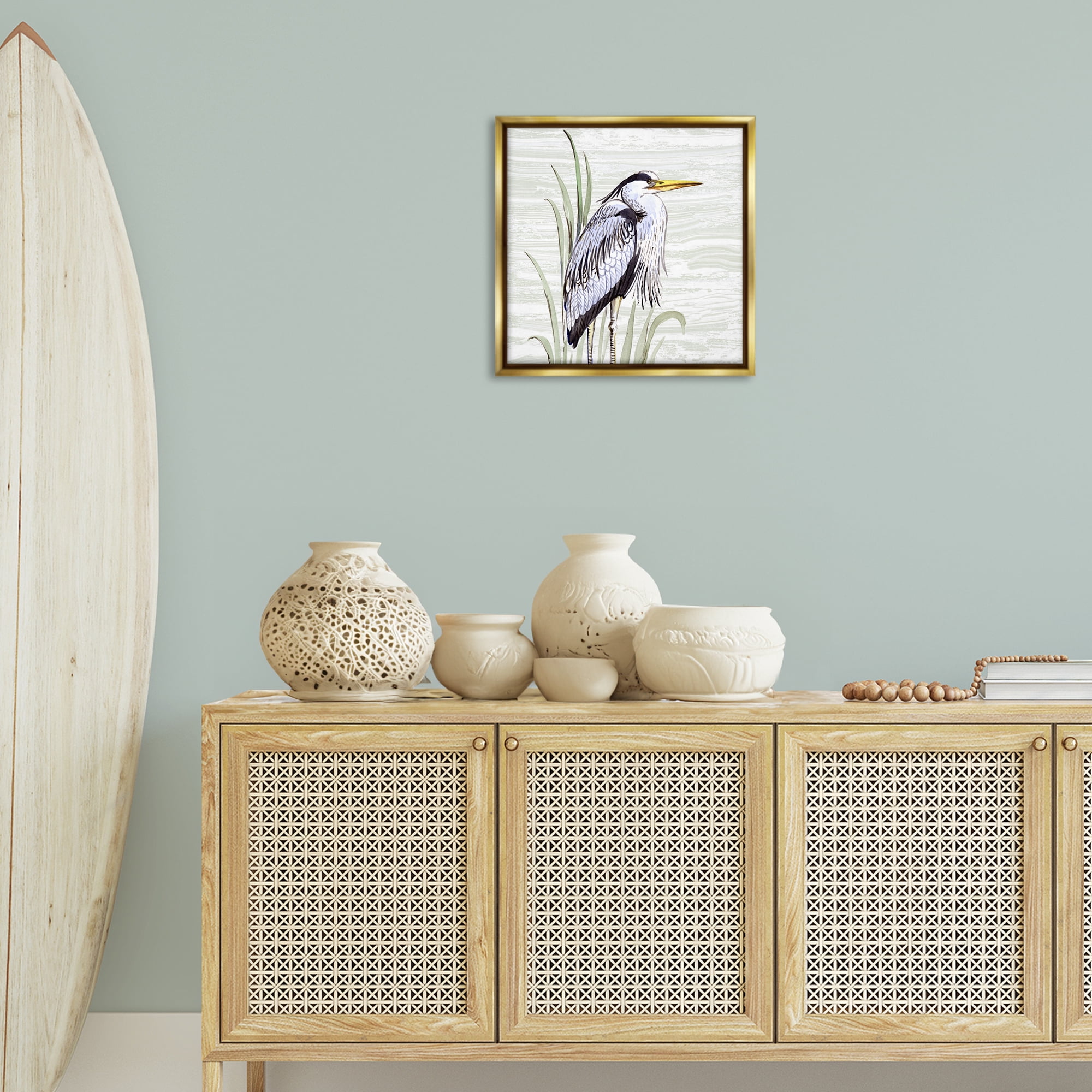 Stupell Industries Beach Bird Elegant Heron Animals Painting Gold Floater Framed Canvas Art Print Wall Art, 18 x 18