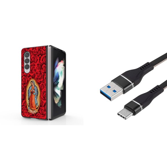 Accessory Bundle for Galaxy Z Fold 4: Slim Snap-On Case (Virgin Mary), Nylon Braided USB-C to USB-A Cable (3 Feet)