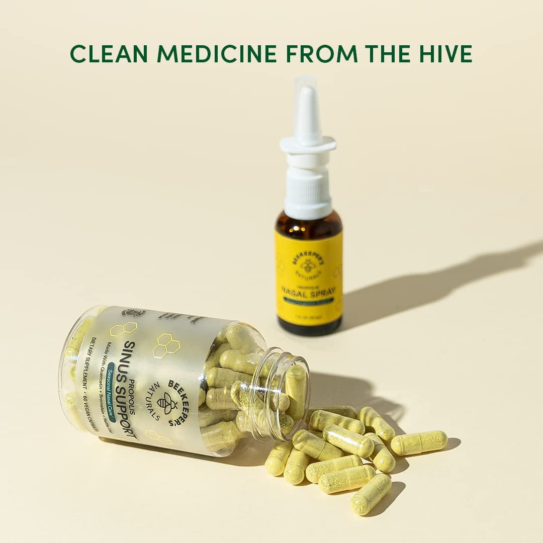 Beekeeper's Naturals All Natural Sinus Support for Adults, Seasonal Nasal Care Relief with Propolis, Quercetin, Bromelain, Nettle Leaf, & Vegan Capsule, Blocks or Suppresses Histamine, 60 ct