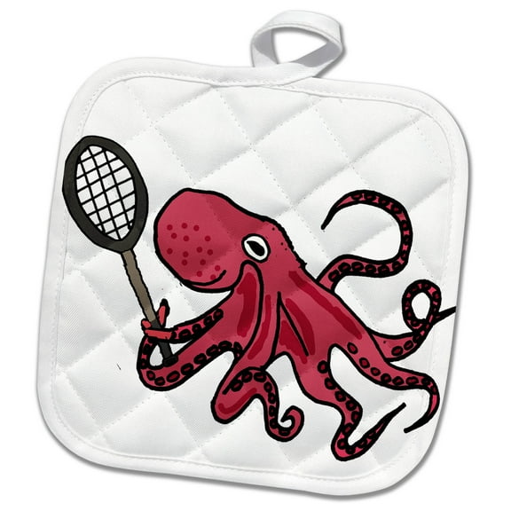 3dRose, Cute Fun Octopus Playing Tennis Cartoon, 8x8 Potholder