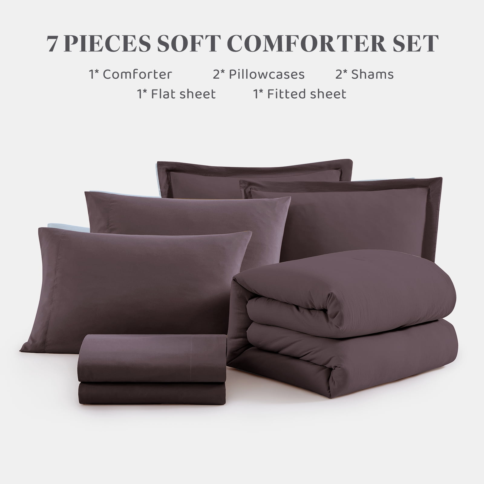 Amberspace Prewashed fabric 7-piece Bed in a Bag Comforter Set with Sheets,Dark purple,Full