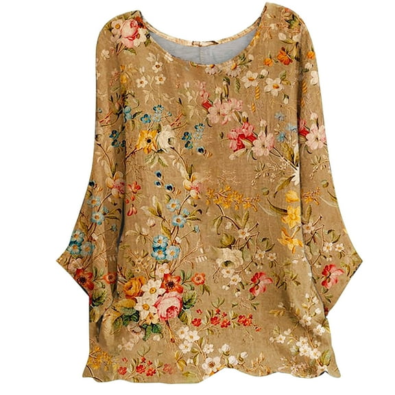 IROINNID Womens Plus Size Tops Round-Neck Long Sleeve Print Home T-shirt Blouse,Yellow