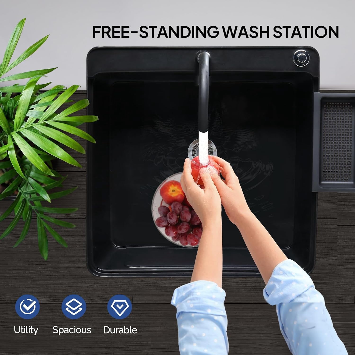 ROVSUN Plastic Utility Sink, Freestanding Sink with Hot&Cold Faucet, Soap Dispenser, Drain Plug and Iron Legs with Storage shelf, Perfect for Basement, Laundry Room, Garage, Black 23.6"×23.6"×36.2"