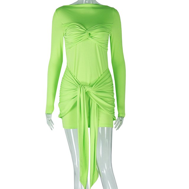 Generic Style Women's Elegant Fashion Stitching Pure Color Tied Bag Hip Skirt Long Sleeve round-Neck High Waist Short Dress