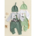 thumbnail image 3 of Hirigin Newborn Baby Boy Coming Home Outfit Hello I'm New Here Long Sleeve Romper Dinosaur Print Pants Hat 3Pcs Clothes Set, 3 of 8