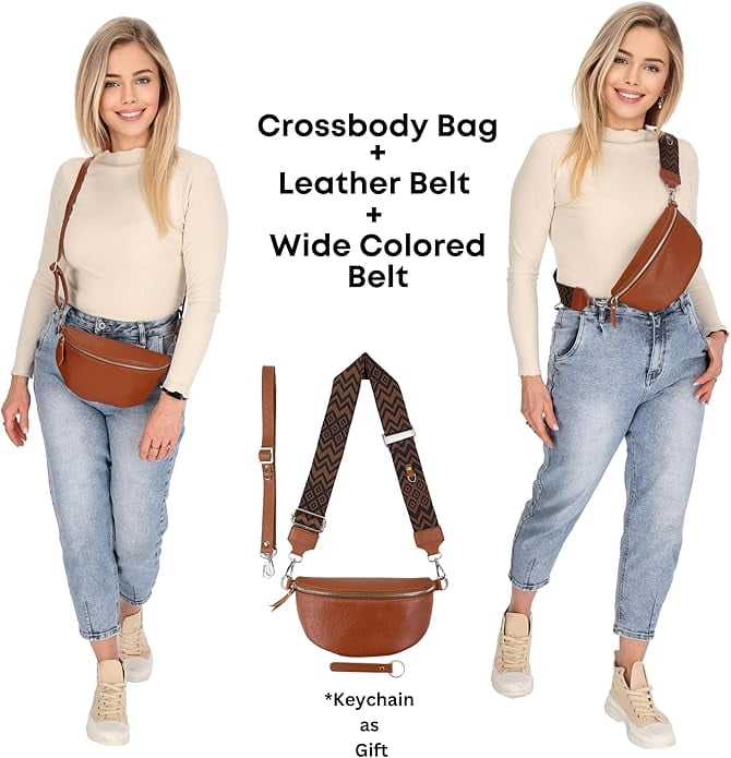 Leather Waist Belt Bag with 2 Detachable Straps, Stylish Unisex Crossbody Hip Pack for Travel, Italien Handcrafted Fanny Pack in 8 Colors