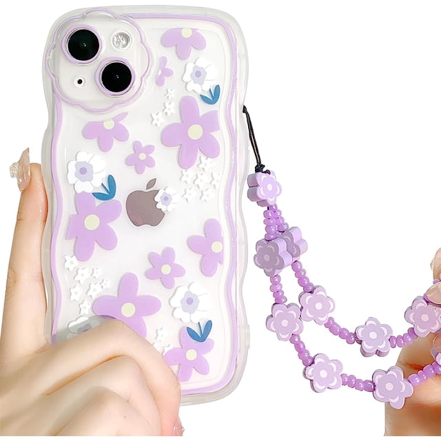 Funda transparente compatible con iPhone 14, diseño floral con cadena para niñas y mujeres, suave TPU a prueba de golpes, protectora para iPhone 14, diseño floral morado.