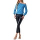 thumbnail image 2 of INSPIRAR CHIC Blusas de lentejuelas sin hombros para mujeres, con mangas largas, para fiesta disco, brillo y destellos, Talla XS, Azul, 2 of 6