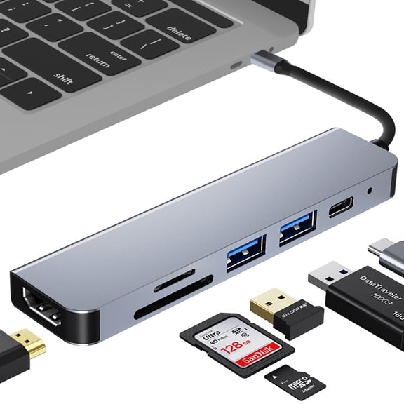 Microworld USB C Hub Adaptor for Laptop Hdmi Converter Power，Type-C Port Mac/Phone Connector，PD Charging USB3.0/2.0 SD TF HDMI 4K HD Splitter 6 Ports Hub
