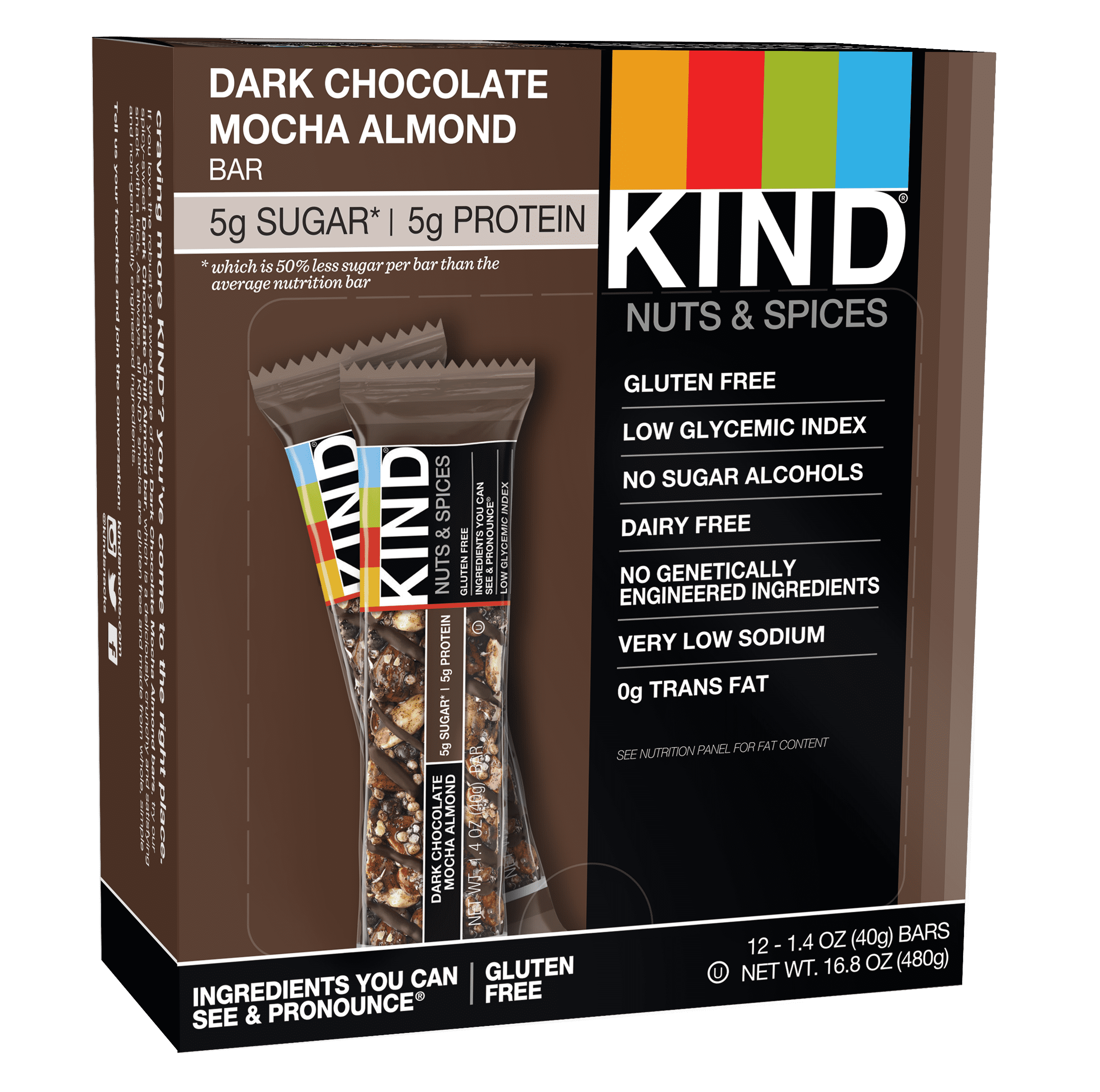KIND Bars, Dark Chocolate Mocha Almond, Gluten Free, Low Sugar, 1.4oz, 12 Count