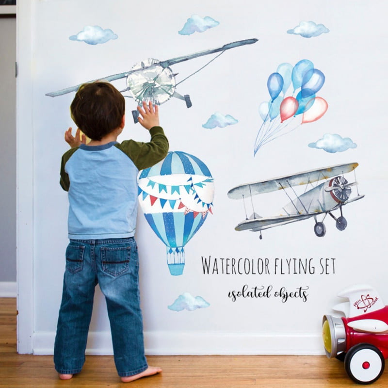 Airplane Wall Decals DIY Aircraft Wall Stickers Hot Air Balloon Wall Art Mural for Boys Bedroom Kids Room Nursery Playroom Decoration Airplane