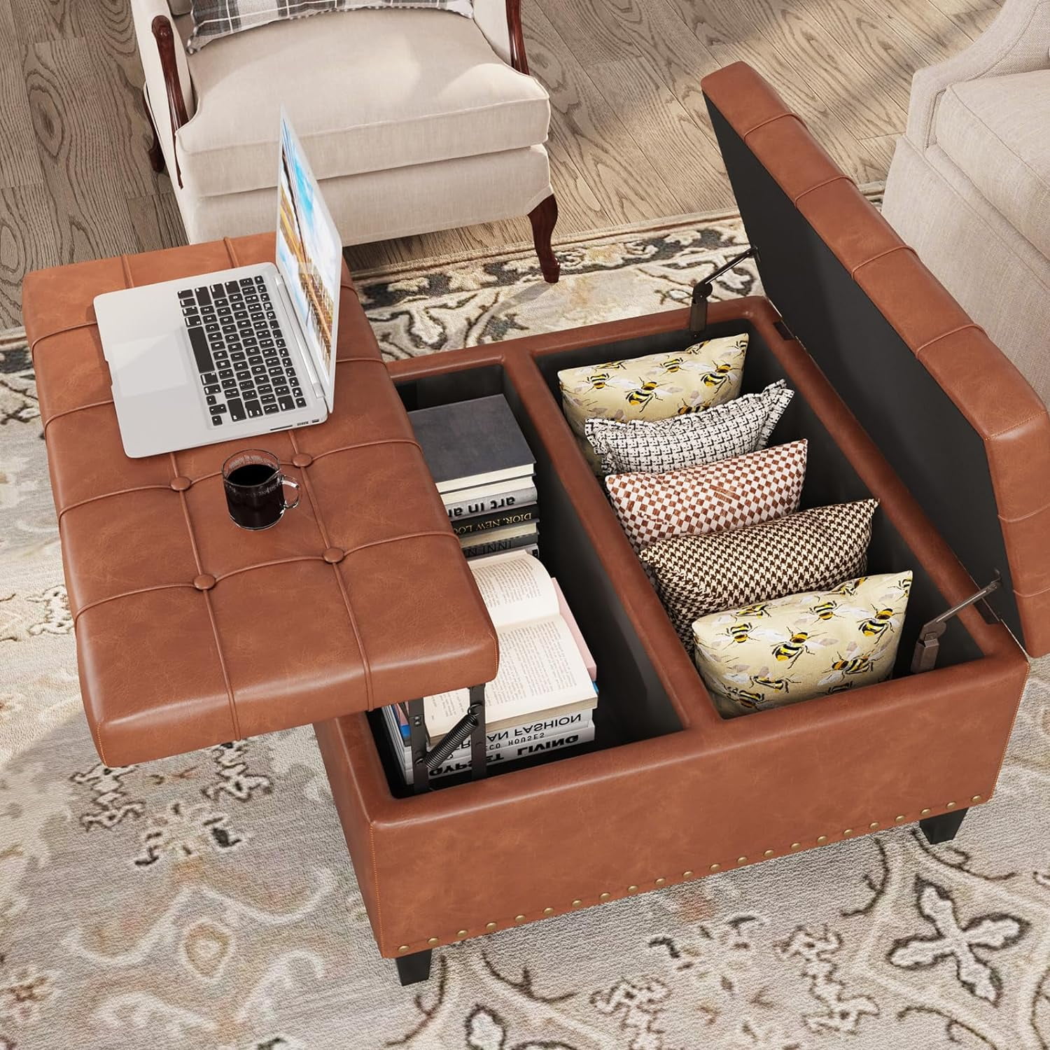 Veanerwood Tufted Square Ottoman Coffee Table with Storage, Leather Upholstered Storage Ottoman, Classic Vintage Bedside Stool for Living Room, Bedroom, Storage Room, Brown