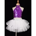 thumbnail image 3 of iEFiEL Kids Girls 3 Piece Ballet Latin Dancewear Halter Sparkling Sequins Crop Top with Tulle Tutu Skirt Headwear Dance Stage Wear Purple 4-5, 3 of 7