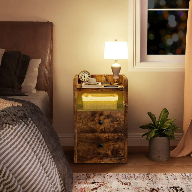 Buro Mesa de Noche FABATO Madera Luz LED RGB Estación de Carga USB 69 cm x 40 cm x 13.5 cm