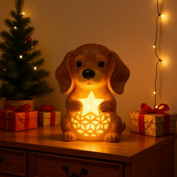 Christmas Puppy Dog Resin Glowing Decor for Tabletop Desk Shelf Holiday Ambiance Light Up Gift(A)