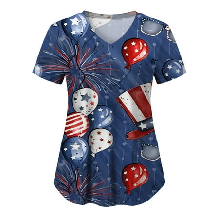 

Women Scrub Tops Casual Independence Day Printed Short Sleeve American Flag V-Neck Pocket Top T Shirt Female Dailywear