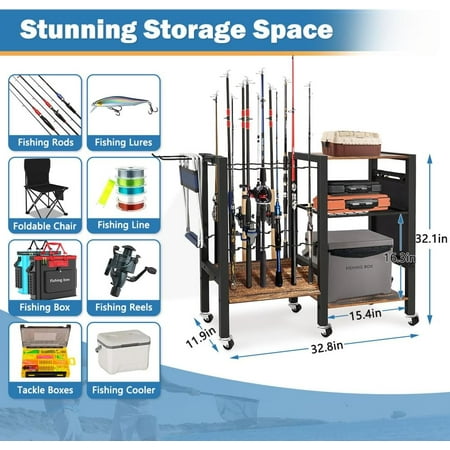 3-Tier Fishing Rod Holder Garage Fishing Rod 12 Rod Storage System with Wheels Hooks and Bag