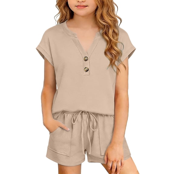 Fnooota Girls Outfit Sets Short Sleeve, Summer 2 Piece School Casual Kids' Clothing Sets Khaki Size 10-12