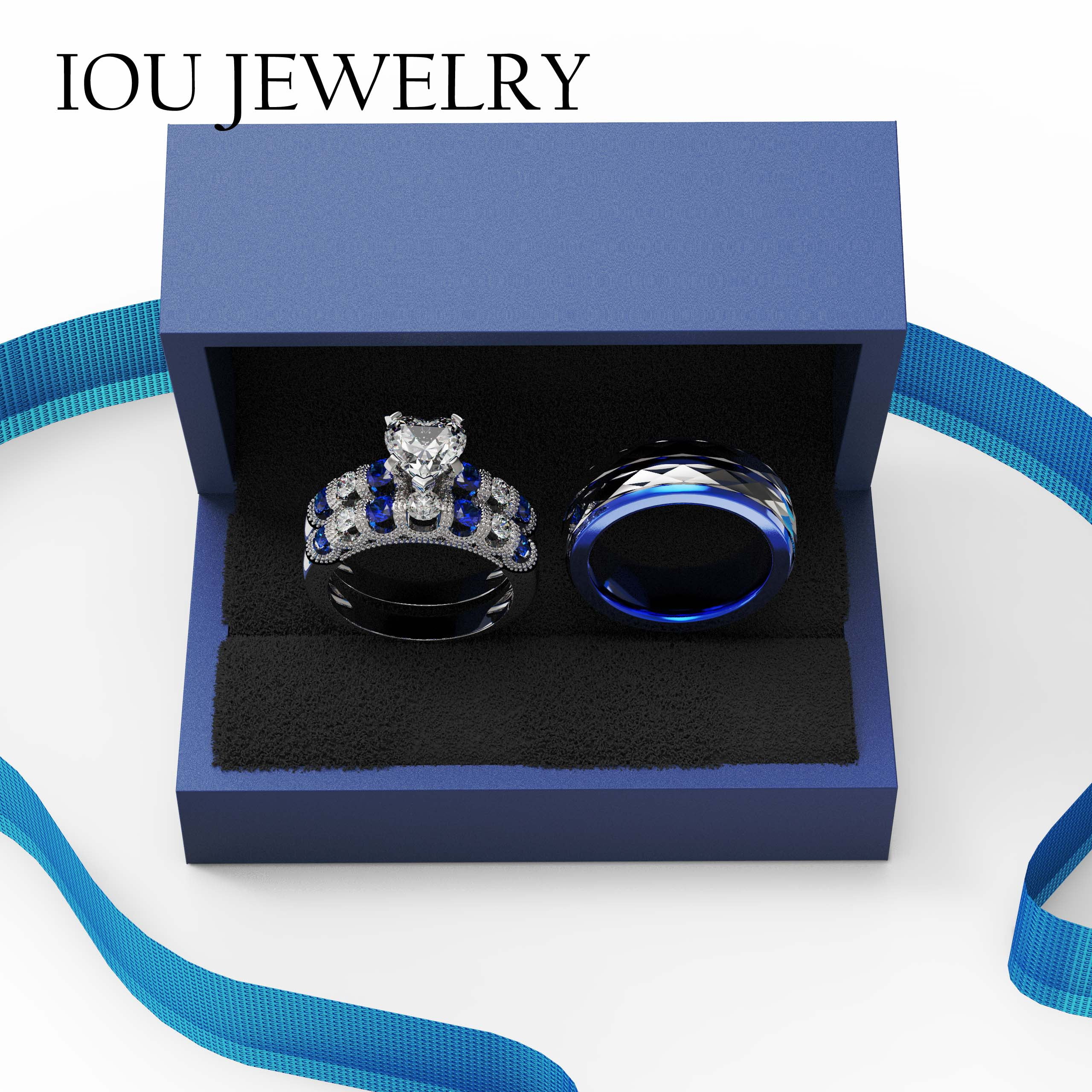 3pc Couples Wedding Ring Sets His And Hers Women Sterling Silver Blue Moissanite and men Wedding Bands Together With Ring Gift Jewelry Box
