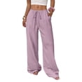 thumbnail image 1 of Women'S Palazzo Pants Summer High Waisted Wide Leg Drawstring Flowy Beach Trousers with Pockets Navy Blue L, 1 of 7