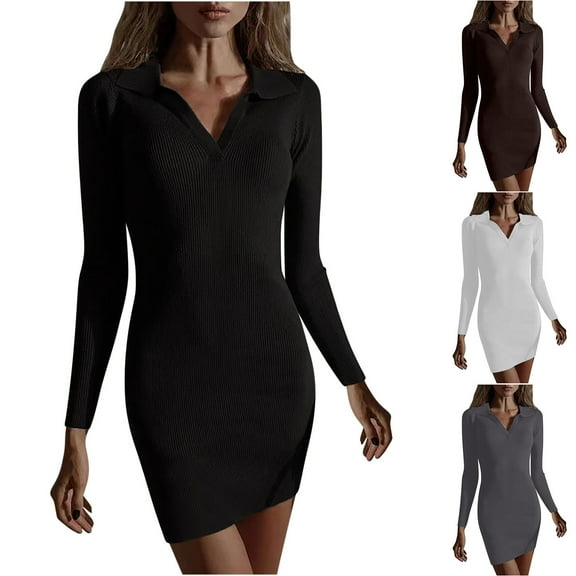 Ashirexll Womens Winter Dresses, Midi Dresses for Women, Tight Wrap Hip Dress Flip Collar Thread Knit Underlay Bodycon
