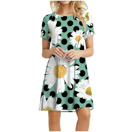 

Women s Sunflower Print Vintage Skirt Summer Short Sleeve Longuette Skirt Fashion Casual Loose Swing Dress For Beach