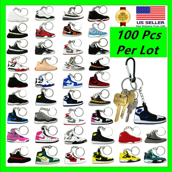 100 Pcs of 2D Sneakers Keychains Hype Beast Sneaker 2D Variety of Keychains Lot (Random Color and Design)