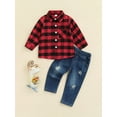 thumbnail image 2 of Bagilaanoe 2Pcs Toddler Baby Boys Christmas Outfits Letter Print Long Sleeve Plaid Shirt Tops + Jeans Denim Trousers 1T 2T 3T 4T 5T 6T Kids Fall Long Pants Set, 2 of 9