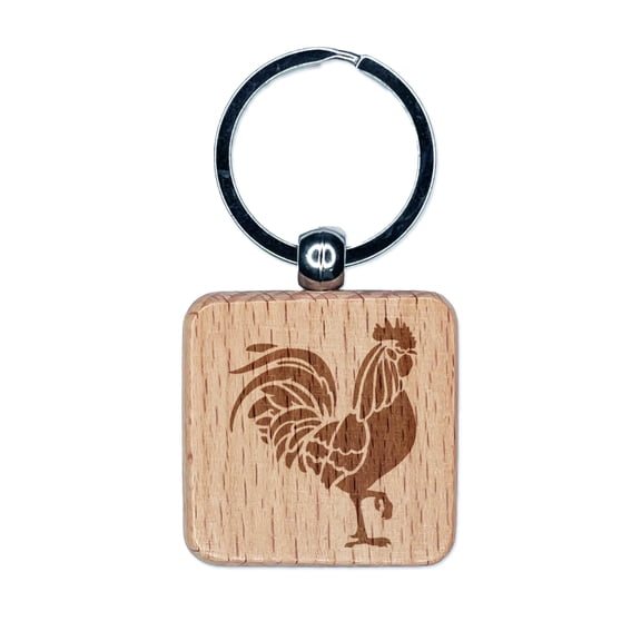Rooster Strutting Farm Animal Chicken Square Keychain Charm Tag - Engraved Wood