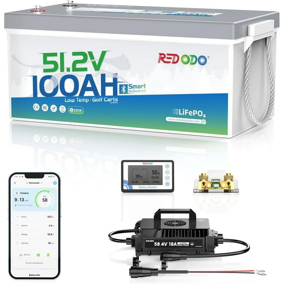 Redodo 48V 100Ah LiFePO4 Golf Cart Battery Kit w/58.4V 18A IP65 Charger & 500A Battery Monitor - 4000  Cycles, Bluetooth 5.0, Low-Temp Protection, 0V BMS Activation for Golf Carts, RVs, Boats