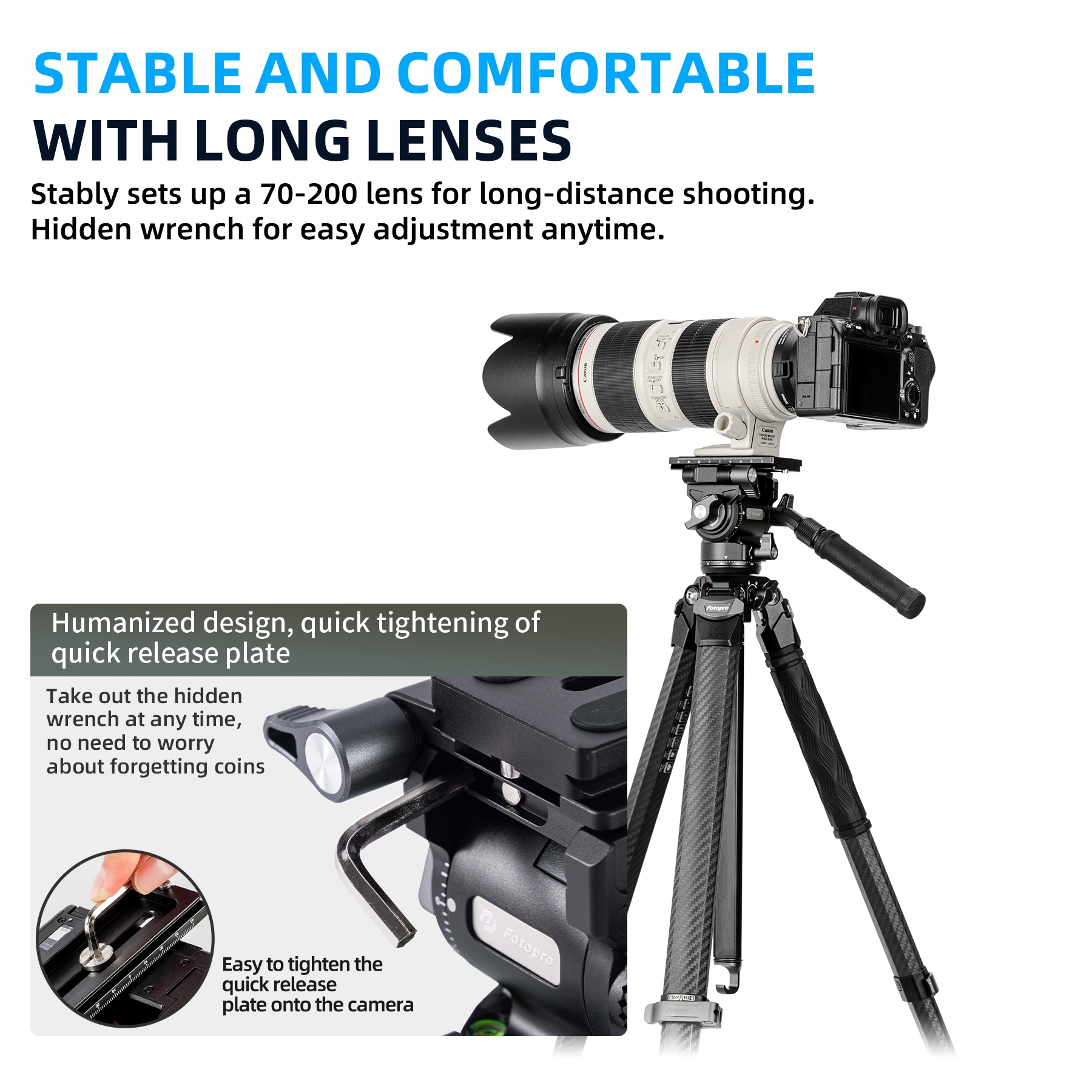Fotopro Origin Video Tripod, Compact 60" Carbon Fiber Camera Tripod for Travel, Fluid Video Head with Quick Release Plate for SLR, Black