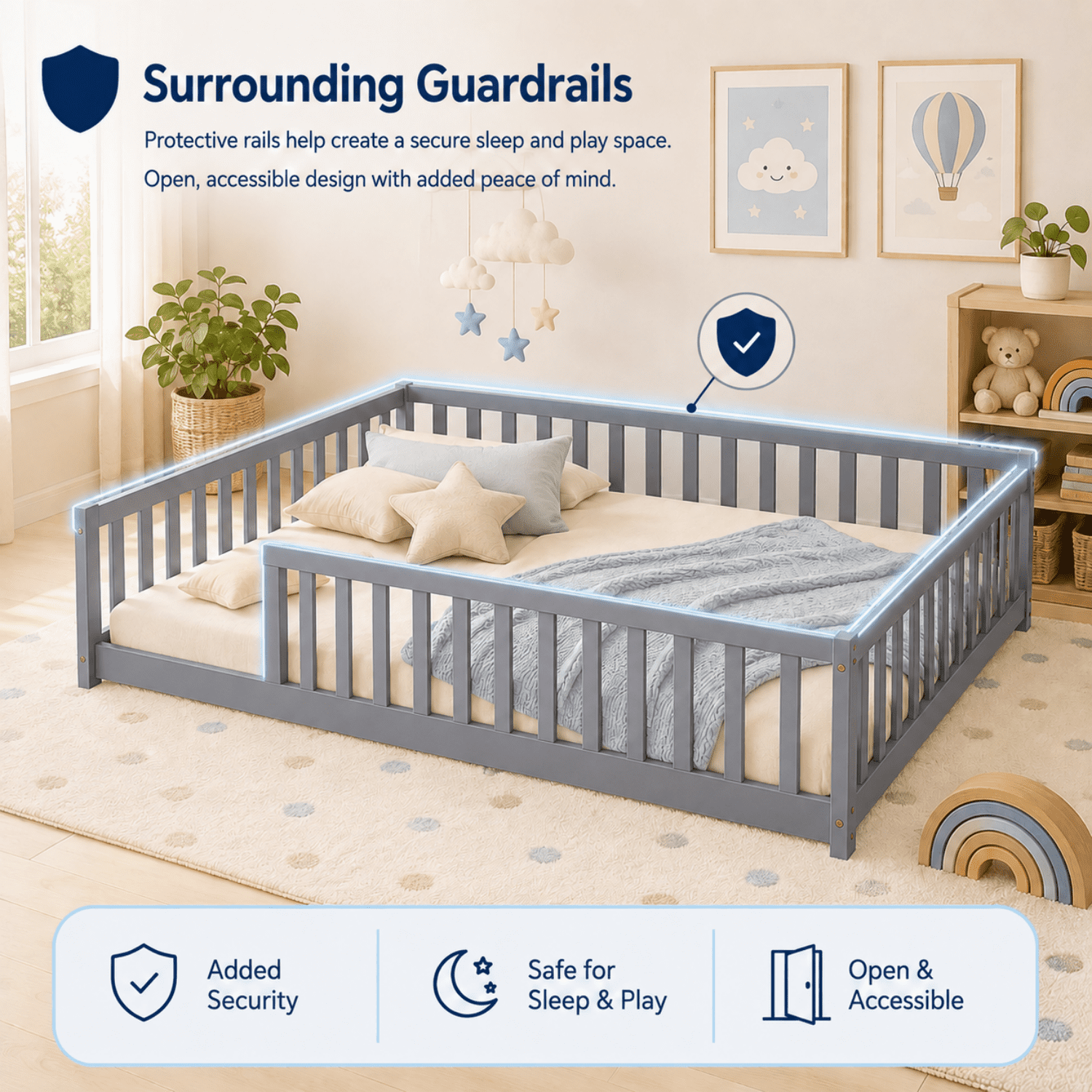 Miniyam Full Size Montessori Kids Floor Bed Frame, Wooden Bed with Fence Rails, Gray