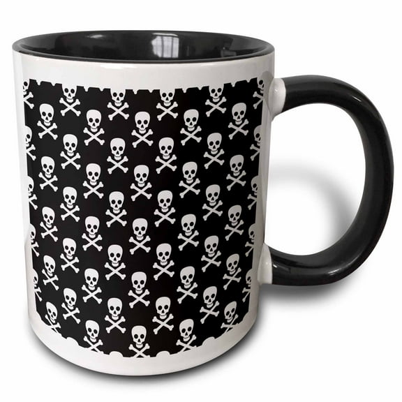 3drose, Black and White Skull and Crossbones Pattern, 11oz Two-tone Black Mug