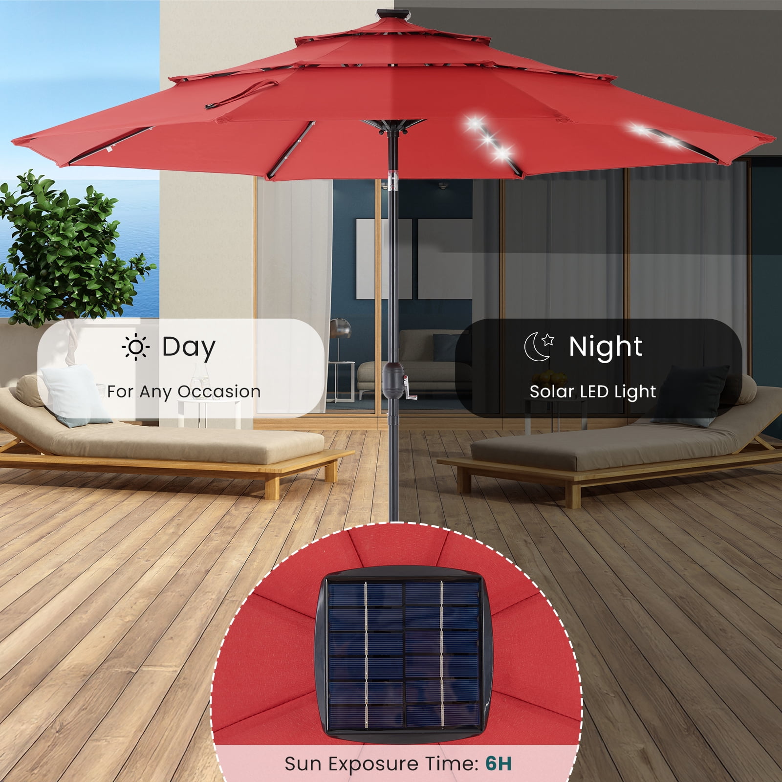 EdX 9.2 FT 3-Layer Solar Patio Umbrella, 32 LED Lights Market Umbrella with Adjustable Tilt, 8-Rib Outdoor Sunshade for Backyard, Deck and Poolside (Red/Navy Blue/Khaki)