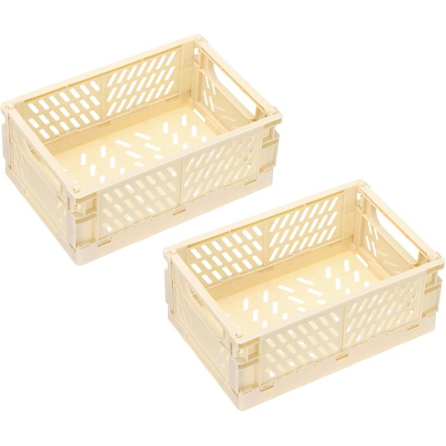 PATIKIL Collapsible Basket, 2 Pcs 10 x 6.5 x 3.9 Inch Stackable Storage Crates Foldable Plastic Baskets Desk Organizing Container for Home Kitchen Office, Light Yellow