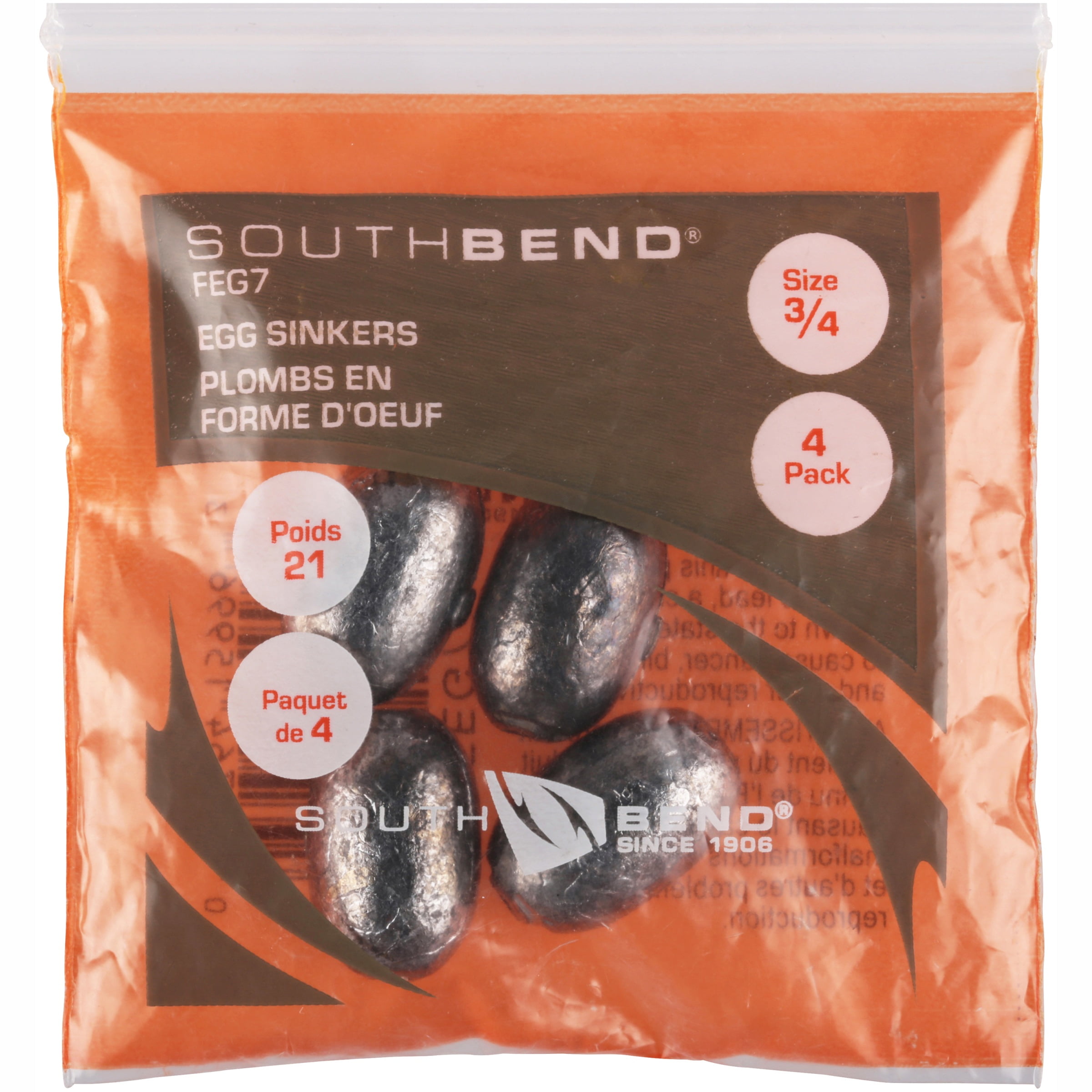 (3 pack) South Bend Egg Sinker Fishing Weights, 3/4 oz., 4-pack