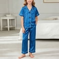 thumbnail image 2 of felwors Girls Satin Pajamas, Shorts Sleeve Pants Button Up, 2-Piece Button-Front Design; Silky; Relaxed Home Wear; Bedtime, Lounging, Sleepovers and Gifting (Blue,2-3 Years), 2 of 3