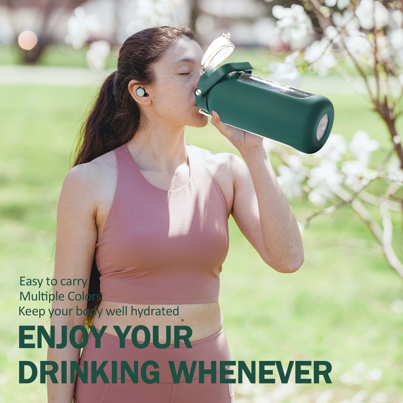 MUKOKO 64oz Glass Water Bottles, Motivational Glass Bottle with Silicone Sleeve, Straw and Time Marker, Leakproof Large Half Gallon Glass Water Jug for Gym Home Office, Dark Green