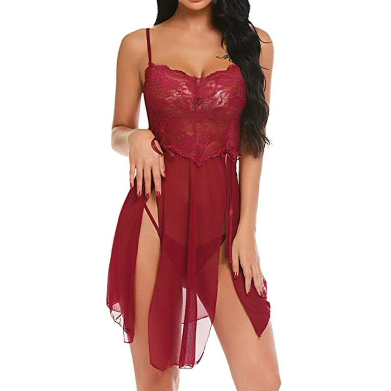 adviicd Nightgown With Built In Bra Lingerie for Women Lace Chemise  Negligees Exotic Nightgowns Halter Nighties Sheer Mesh Nightwear Red XL 