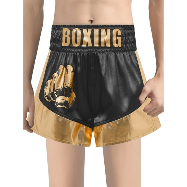 Xnihocha Unisex Kids Satin Boxing Shorts Metallic Color Block Boxer Kickboxing Muay Thai Training Trunks Black&Gold 12